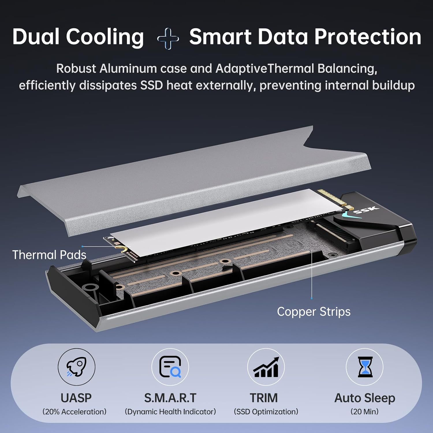 SSK M.2 NVME SATA SSD Enclosure Adapter, USB 3.2 Gen 2 (10 Gbps) to NVME PCI-E SATA M-Key/(B M) Key Solid State Drive External Enclosure Aluminum Support UASP Trim for SSDs 2242/2260/2280